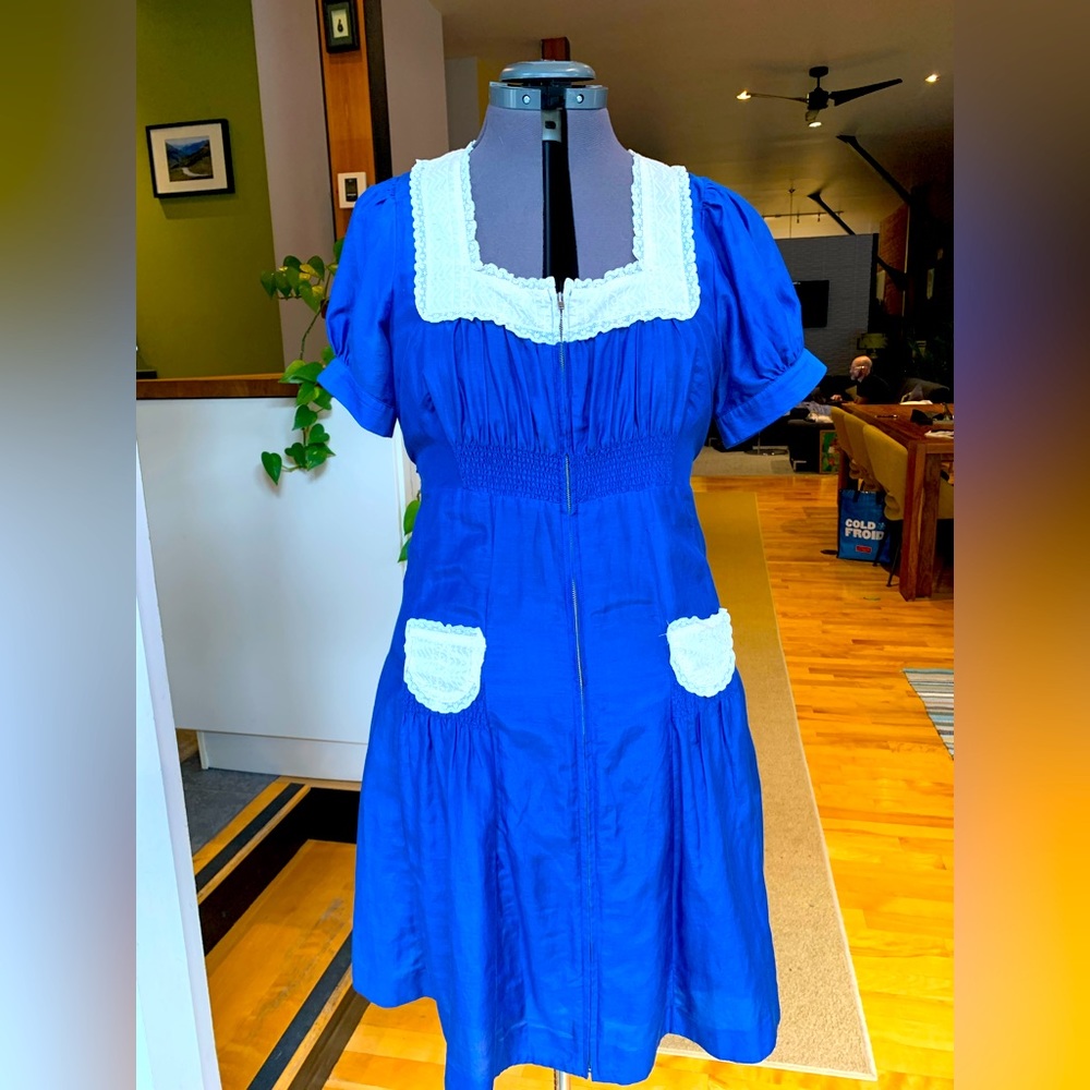 Betsey Johnson Whimsical dress with underslip. Sz 10 in cobalt blue VINTAGE